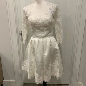 White satin lace knee length dress with bolero